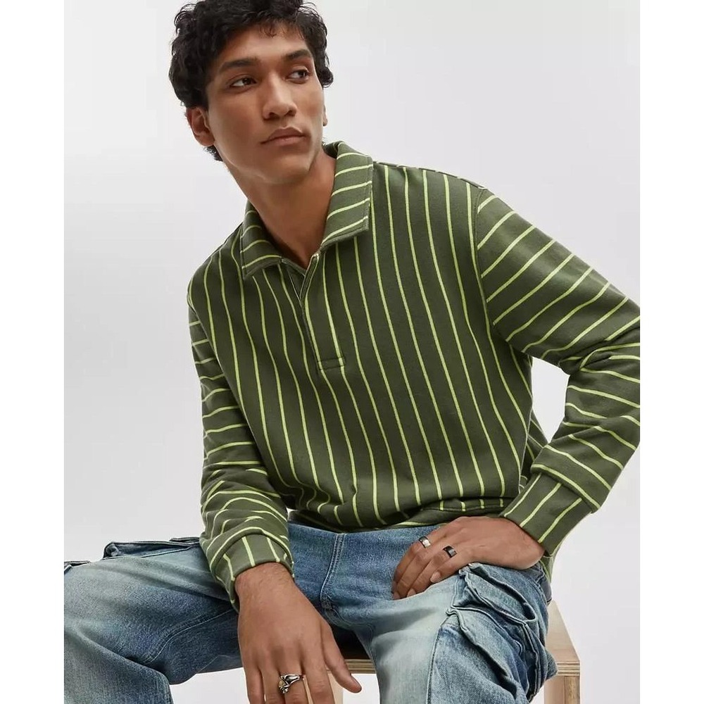 Mode of One Mens Relaxed Fit French Terry Polo Shirt Wild Ivy Green Stripe M NEW